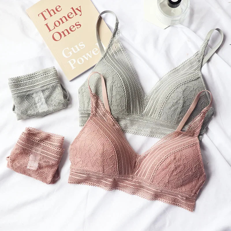 2 Pieces Women Underwear Set Sexy Lace Triangle Thin Cup Push Up Bra Set High Quality Wireless Brassiere Panties Lingerie Sets