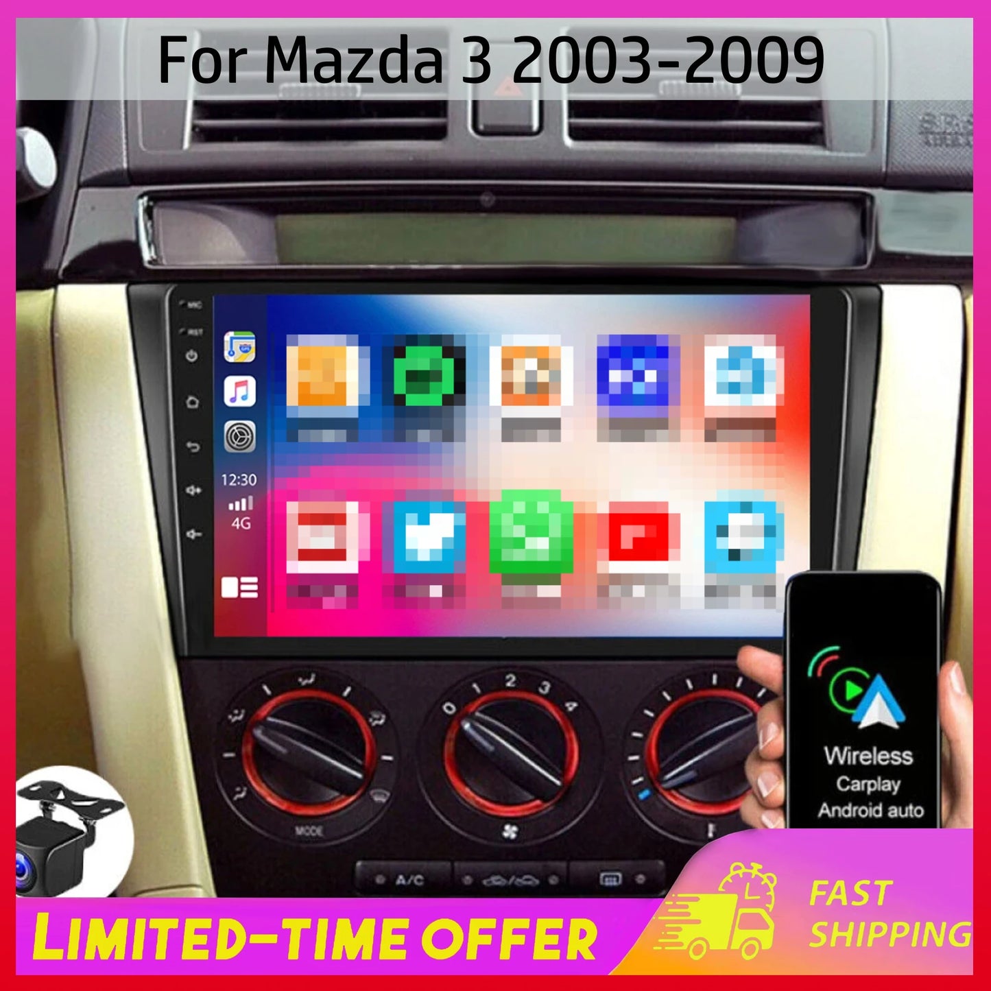 9-inch Android 13 Car Navigation for Mazda 3 2003-2009 Built-in CarPlay Android Auto 2+32G Four-Light Car Multimedia Player