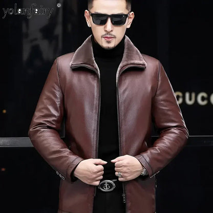 YOLANFAIRY Genuine Leather Jacket Men Midium Natural Leather and Fur Thick Winter Coat Male Clothing Jaquetas Masculina De Couro