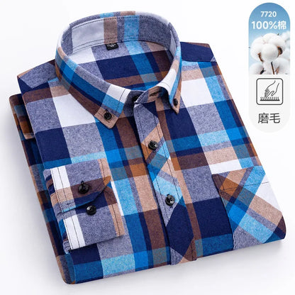 New Flannel Plaid Long Sleeve Men Casual Shirts Autumn Winter Fashion Plus Size Regular Fit Smart Dress Shirts Daily Clothes Top