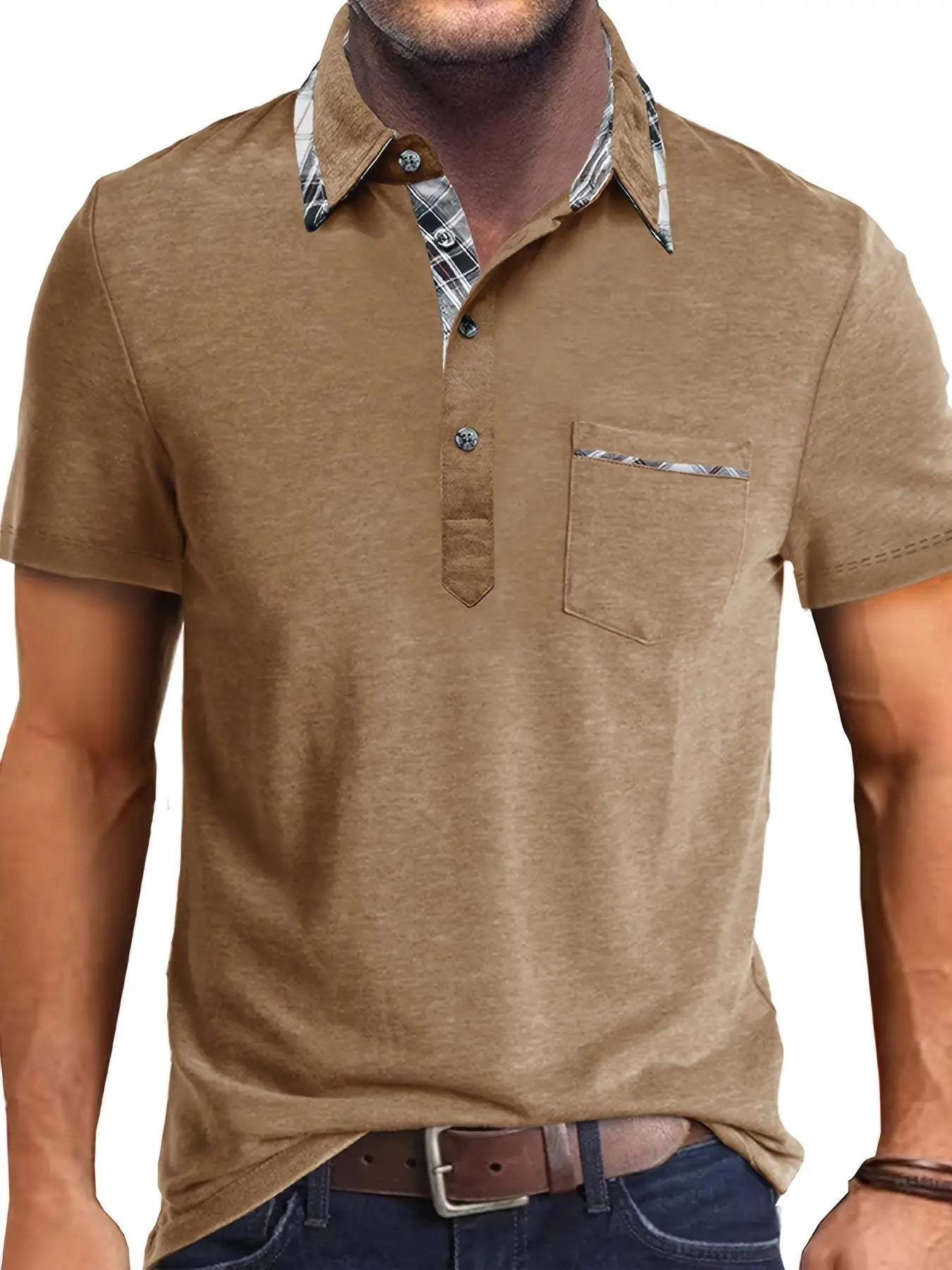 1XL-6XL Summer Plus Size Men's Short-Sleeve Polo Shirt Casual Solid Color Collared Pullover Henley Shirt with Pockets