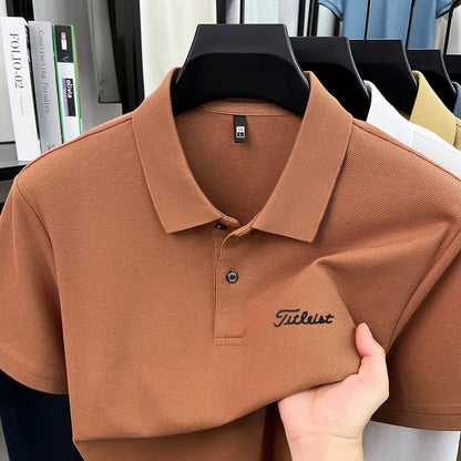 Men's Summer New Cotton 100% Short-Sleeved Polo Shirt, Collar Brand Printed T-Shirt, Breathable Casual Business Men's Clothing