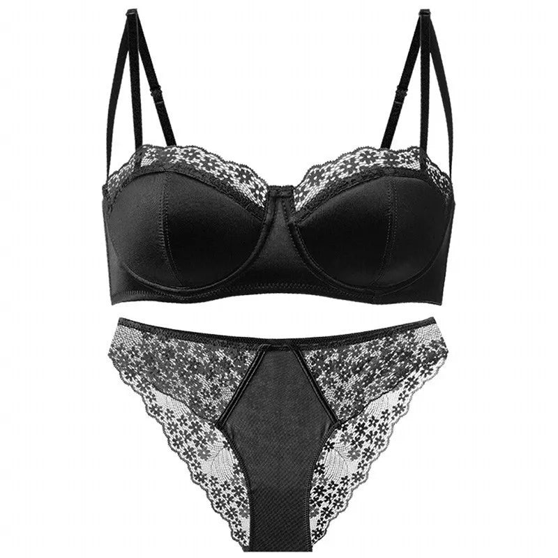 hot sale Sexy Lace Underwire Bra Set Thin Demi Cup Push Up Anti Ptosis Minimizer Lift Gather Side Fat Women Daily Plus Size S-XL
