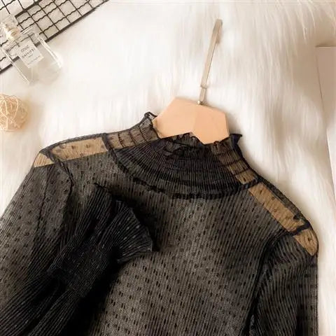 Women's Lace Base Shirt Long Sleeve High Collar Mesh Top 2023 Autumn Fashion Transparent Thin Film Inner Wear Versatile Slim Fit