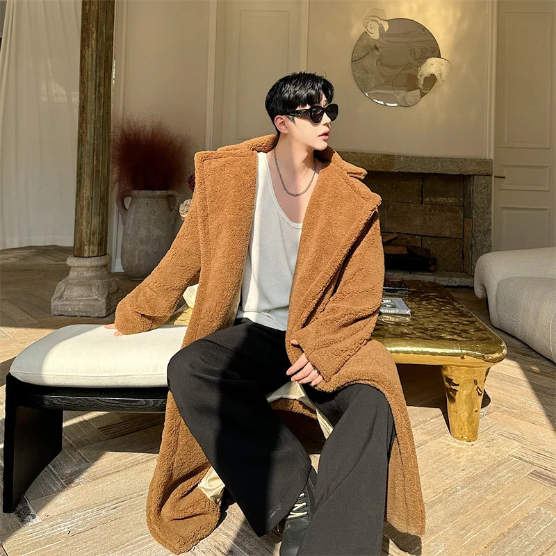 Autumn Winter Teddy Bear Fur Fashionable Versatile Men's Coat Loose Long over Knee Windbreaker Jacket Warm Stylish Urban Style