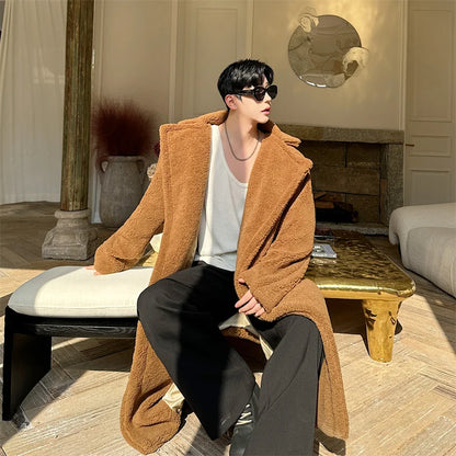 Autumn Winter Teddy Bear Fur Fashionable Versatile Men's Coat Loose Long over Knee Windbreaker Jacket Warm Stylish Urban Style