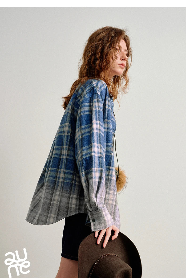 TOYOUTH Women Brushed Shirts 2026 Spring New Mid-Length Gradient Blue-White Plaid Loose Blouses