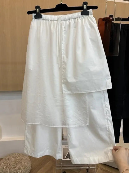 Summer European Style Women Two-piece Spliced Pants High Waist Loose Straight Leg Cropped Trousers Design Slim Casual Pants