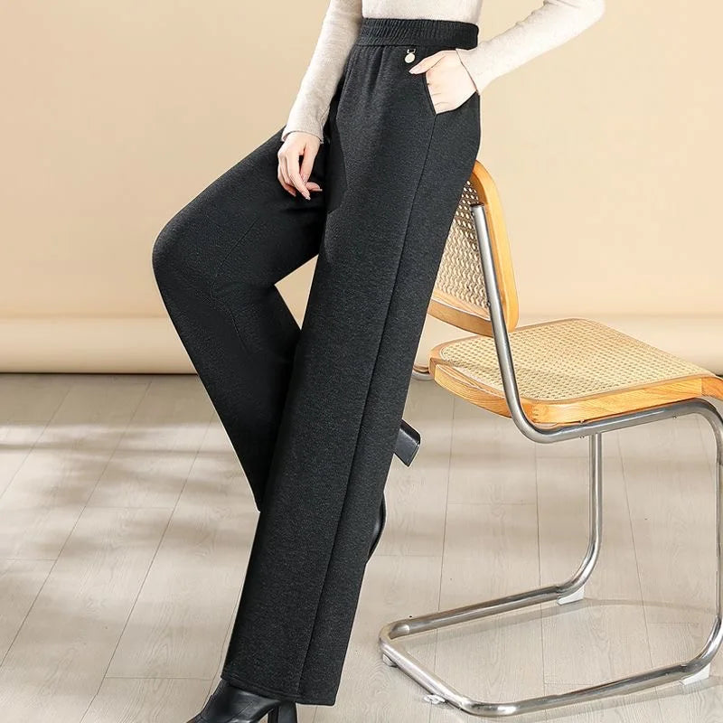 High Waist Thickened Fleece Lined Woolen Pants for Mom Casual High Waist Wide Leg Trousers Spring Autumn Winter Style