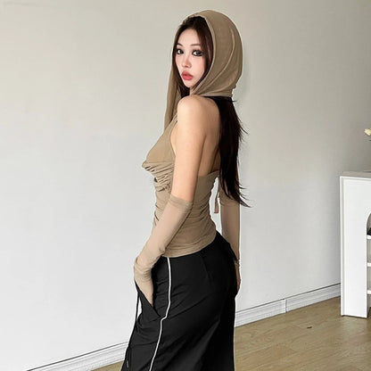 SylCue Casual With A Hat Solid Frenulum Backless Ruched Versatile Atmosphere Style Fashion Skinny Advanced Sense 2024 Hot Vest