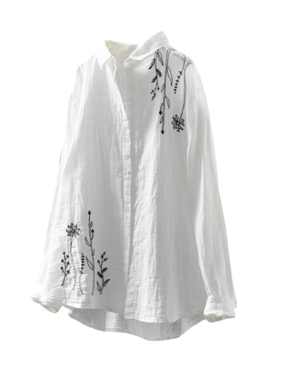 Cotton Linen Women's Shirt Spring New Style Artistic Retro Embroidery Turn-down Collar  Color Long Sleeve Top