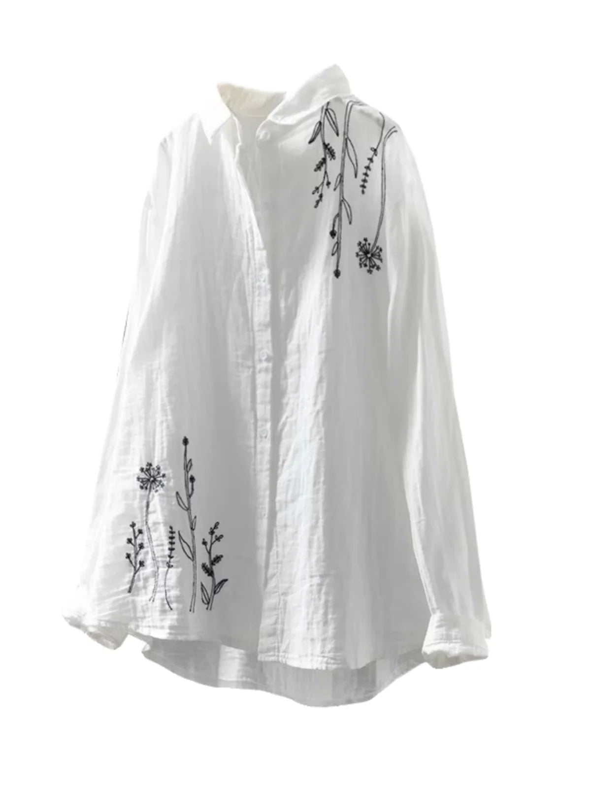 Cotton Linen Women's Shirt Spring New Style Artistic Retro Embroidery Turn-down Collar  Color Long Sleeve Top