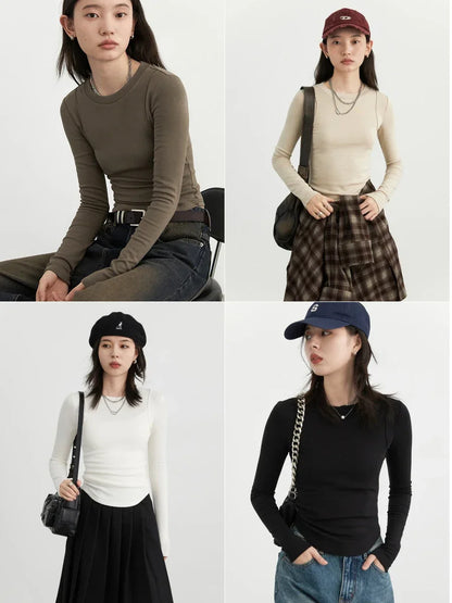 CHIC VEN Women T-Shirts Solid New Basic Heating Cashmere Round Neck Woman Tees Slim Fit Female Tops Spring Autumn 2024