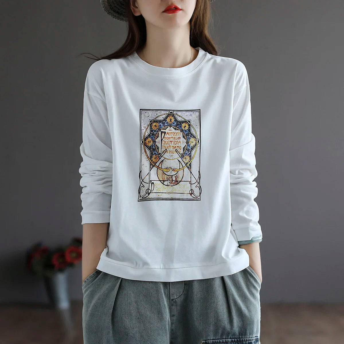 Retro Star Moon Pure Cotton Long Sleeve Pink Anti-Aging T-Shirt Women Loose Fashionable Spring Autumn Ladies Base Shirt Top