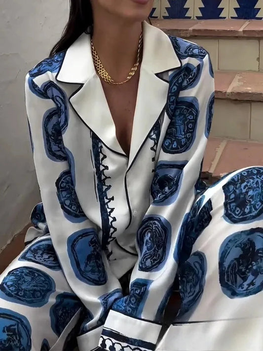 KONDALA Vintage Casual Print Women Suit Single Breasted V Neck Shirts+Loose Wide Leg Long Pants Fashion 2024 Autumn Women Sets