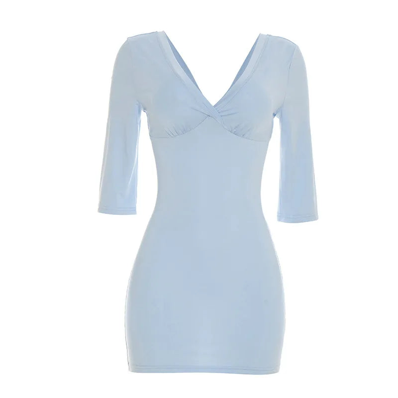 Tsiisd Women's Blue Deep V Neck Mini Dress Slim Office Commute Summer Daily  Streetwear Fashion Party Dress Female Bodycon Dress