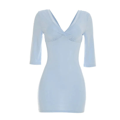 Tsiisd Women's Blue Deep V Neck Mini Dress Slim Office Commute Summer Daily  Streetwear Fashion Party Dress Female Bodycon Dress
