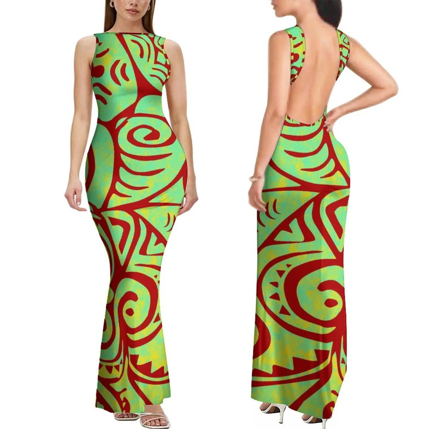Dropshipping Custom Retro Style Design Elegant Ladies Club Dress Hawaiian Print Sleeveless Backless Dress New Zealand Prom Dress