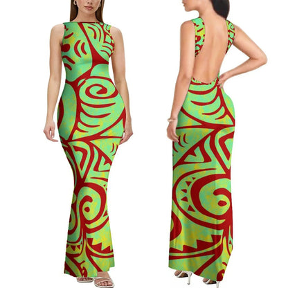 Dropshipping Custom Retro Style Design Elegant Ladies Club Dress Hawaiian Print Sleeveless Backless Dress New Zealand Prom Dress