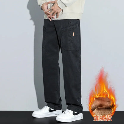Men's Lyocell Multi Pocket Fleece Lined Wide Leg Cargo Pants 2025 Autumn Winter High Quality Warm Casual Long Pants Plus Size 38