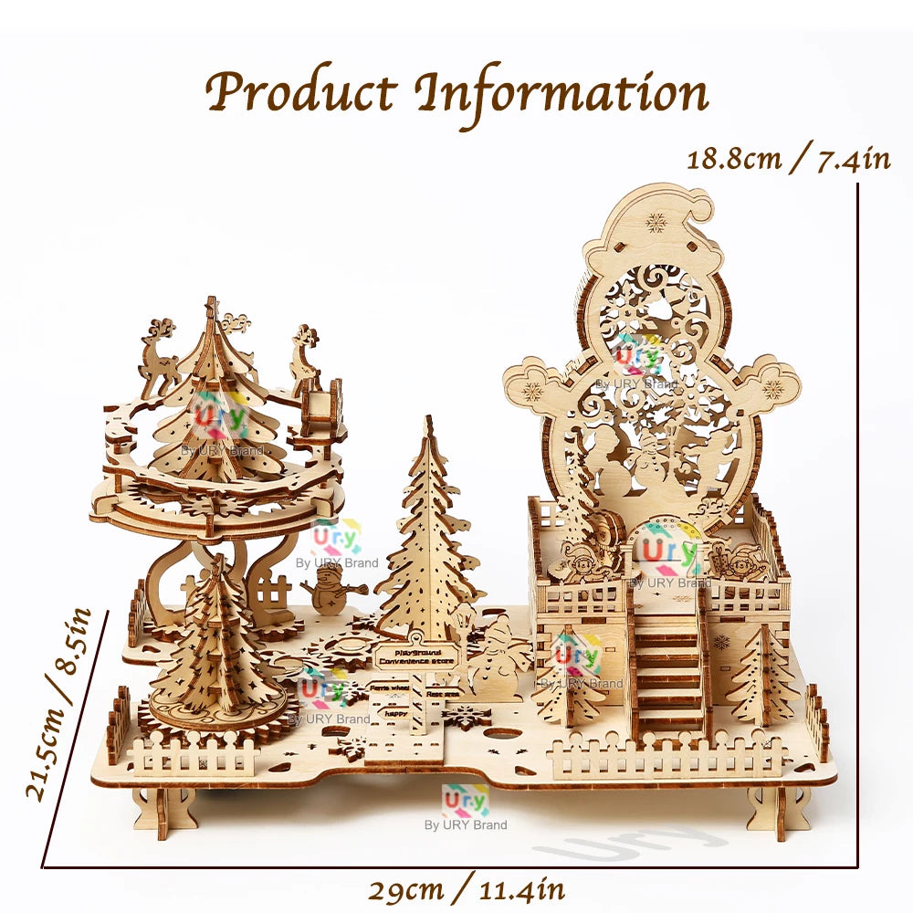 3D Wooden Puzzle Christmas Amusement Park Deer Carriage Music Box with Light Assembly Toy DIY Model Decoration for Gifts