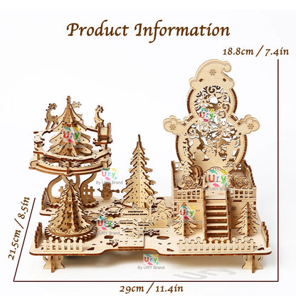 3D Wooden Puzzle Christmas Amusement Park Deer Carriage Music Box with Light Assembly Toy DIY Model Decoration for Gifts