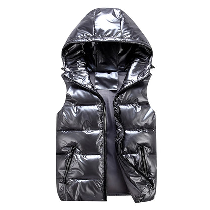 Classic Hooded Vest Man/Woman/Child Winter Hooded Glossy Cotton Vest Casual Waistcoat Men's Sleeveless Jacket Warm Overcoats Hat