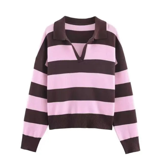 JNLEAOG Fashionable Striped Knitted  Shirt Women's Loose Fit Classic Pattern Long Sleeve Youthful Vitality Autumn New Arr...