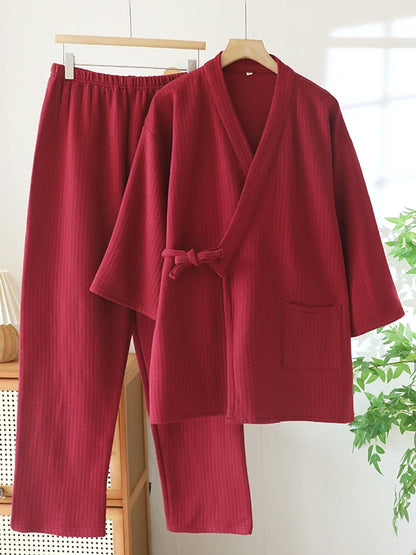 Thickened Cotton Kimono Style Men's Sleepwear Air Layer Home Clothes Autumn Winter Home Stay Air Conditioned Room Unisex