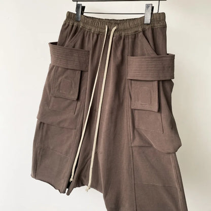High Street RO Black Double Ring Workwear Shorts Men Multiple Pockets Frayed Edges Loose Crotch Five Quarter Pants