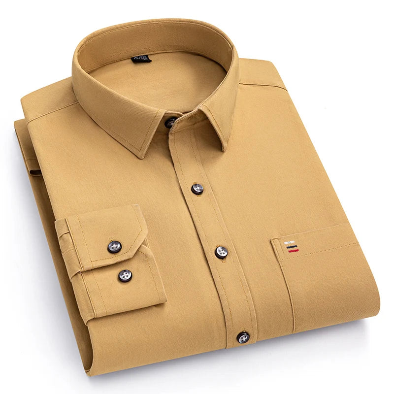 New 100%Pure Cotton Men's Shirts Long Sleeves Solid Color Soft Regular Fit Casual Shirt Pocket Social Blouse Male Clothes S-7XL
