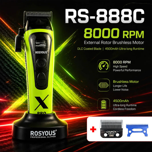 ROSYOUS 888C Professional Bold Hair Cut Machine 8000RPM DLC Blade Base Charger External Rotor Brushless Motor Men's Hair Clipper