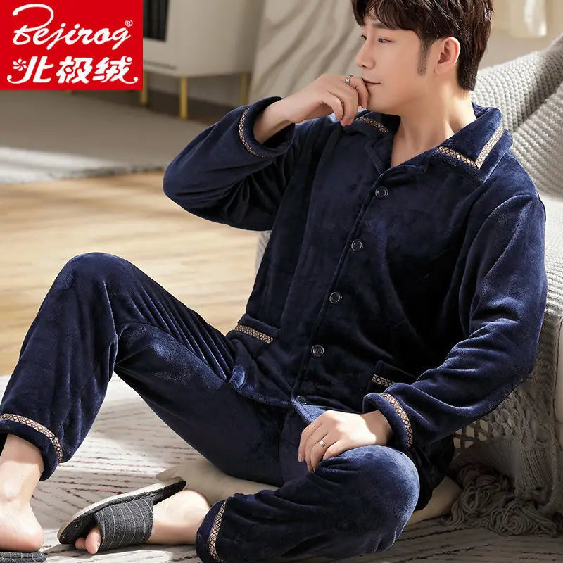 Pajama Sets Flannel Pajamas Men's Winter Thickening Warm Suit Long-sleeved Loose Home Clothes Autumn Cardigan