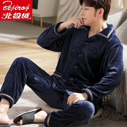 Pajama Sets Flannel Pajamas Men's Winter Thickening Warm Suit Long-sleeved Loose Home Clothes Autumn Cardigan