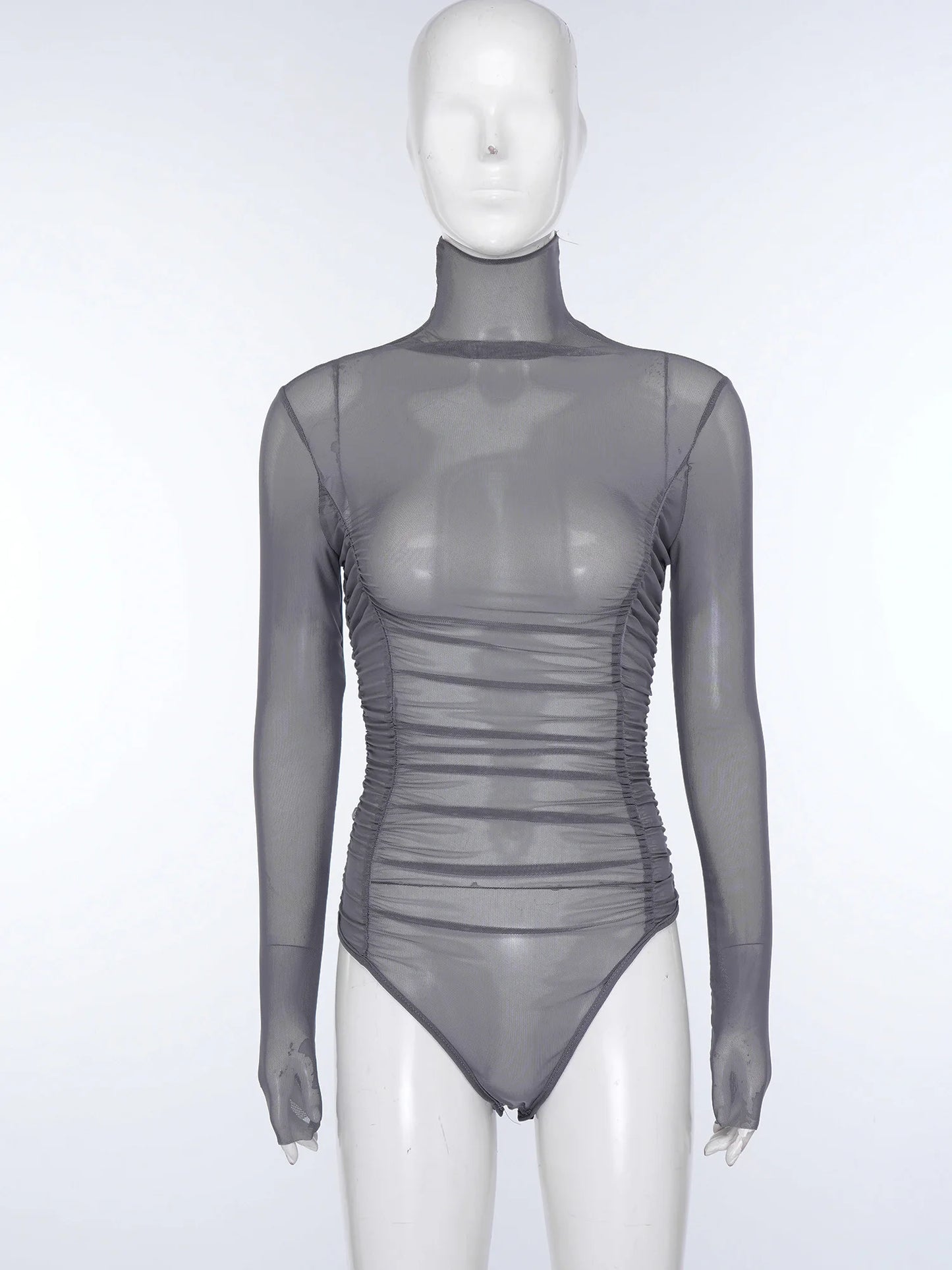 Womens Nightclub Beach Bodysuit Sheer Mesh Side Ruched High Collar Long Sleeve Button Crotch Leotard See Through Cover Up Outfit