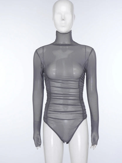 Womens Nightclub Beach Bodysuit Sheer Mesh Side Ruched High Collar Long Sleeve Button Crotch Leotard See Through Cover Up Outfit