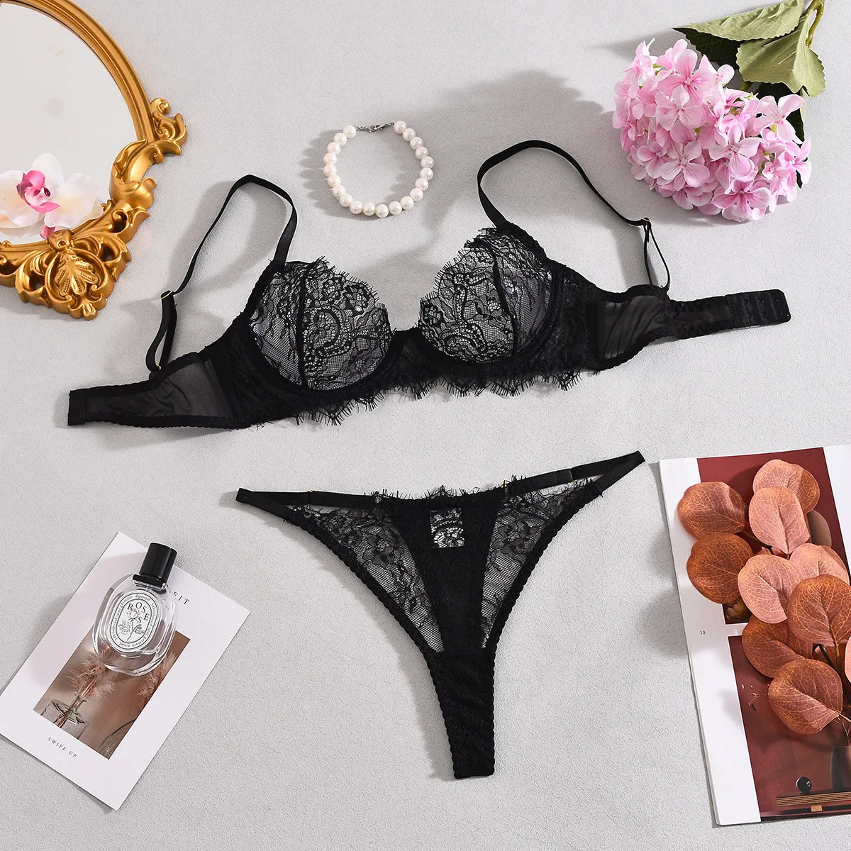 Ellolace Solid Lingeries Sexy Hot Elegant Bra Belt Thong 3PC with Leg Circles Cute Intimate Seductive Lace Tempted Underwear