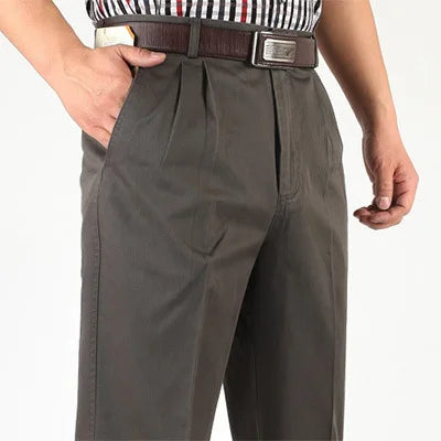 Double Pleated Straight Loose Casual Pants Men Classic Black Trousers High Waist Thick Autumn Cotton  Office Suit Pants 42 44 46