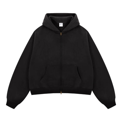 Custom LOGO women's  Autumn Winter New 370G Heavy Fleece BOXY Short and Wide Double Head Zipper Cardigan Couple Hooded Sweater