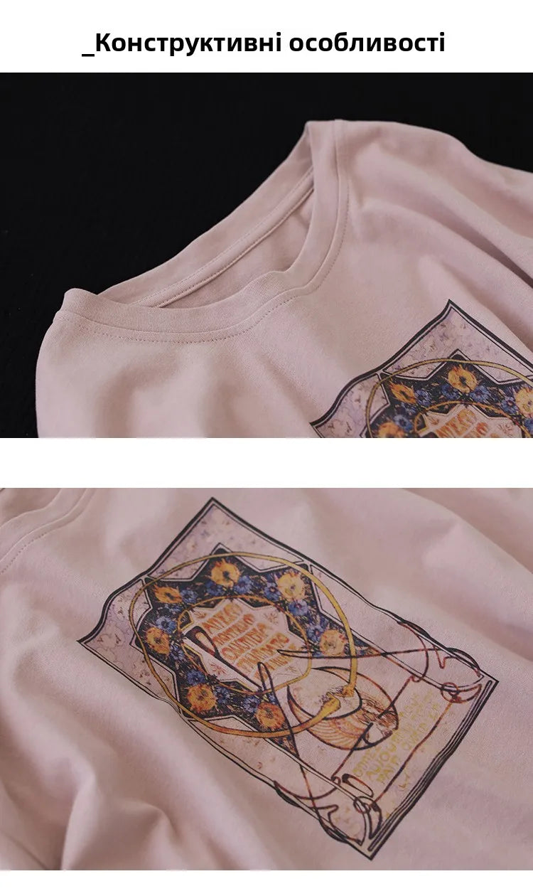 Retro Star Moon Pure Cotton Long Sleeve Pink Anti-Aging T-Shirt Women Loose Fashionable Spring Autumn Ladies Base Shirt Top