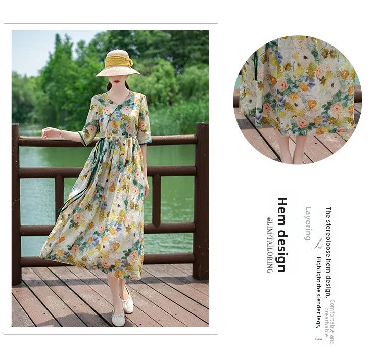 Women's Long Skirt Drawstring Waist Hemp Print A-Line Dress Korean Style Commute Flower Pattern V-Neck Summer Dress