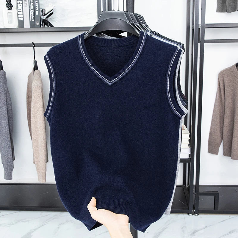 Autumn and Winter Solid Color Knitted V-neck Tank Top Men's Sleeveless Tank Top Warm Tank Top Middle Aged Shoulder Sweater
