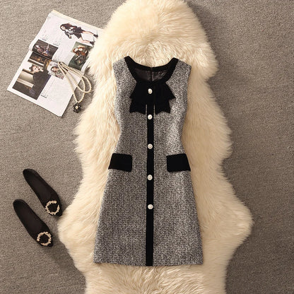 Spring Autumn Winter Tweed Color Block Vest Skirt Set  Knot Elegant Fashionable Two Piece Set Women's Luxury Style