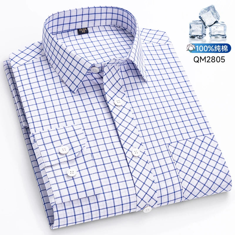 The New Men's Long-Sleeved Shirt Is Cool and Casual. It's a Thin, All-Cotton, Streetwear Checkered Style for Spring and Summer