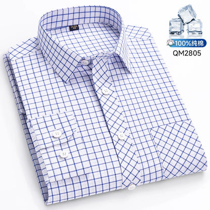 The New Men's Long-Sleeved Shirt Is Cool and Casual. It's a Thin, All-Cotton, Streetwear Checkered Style for Spring and Summer