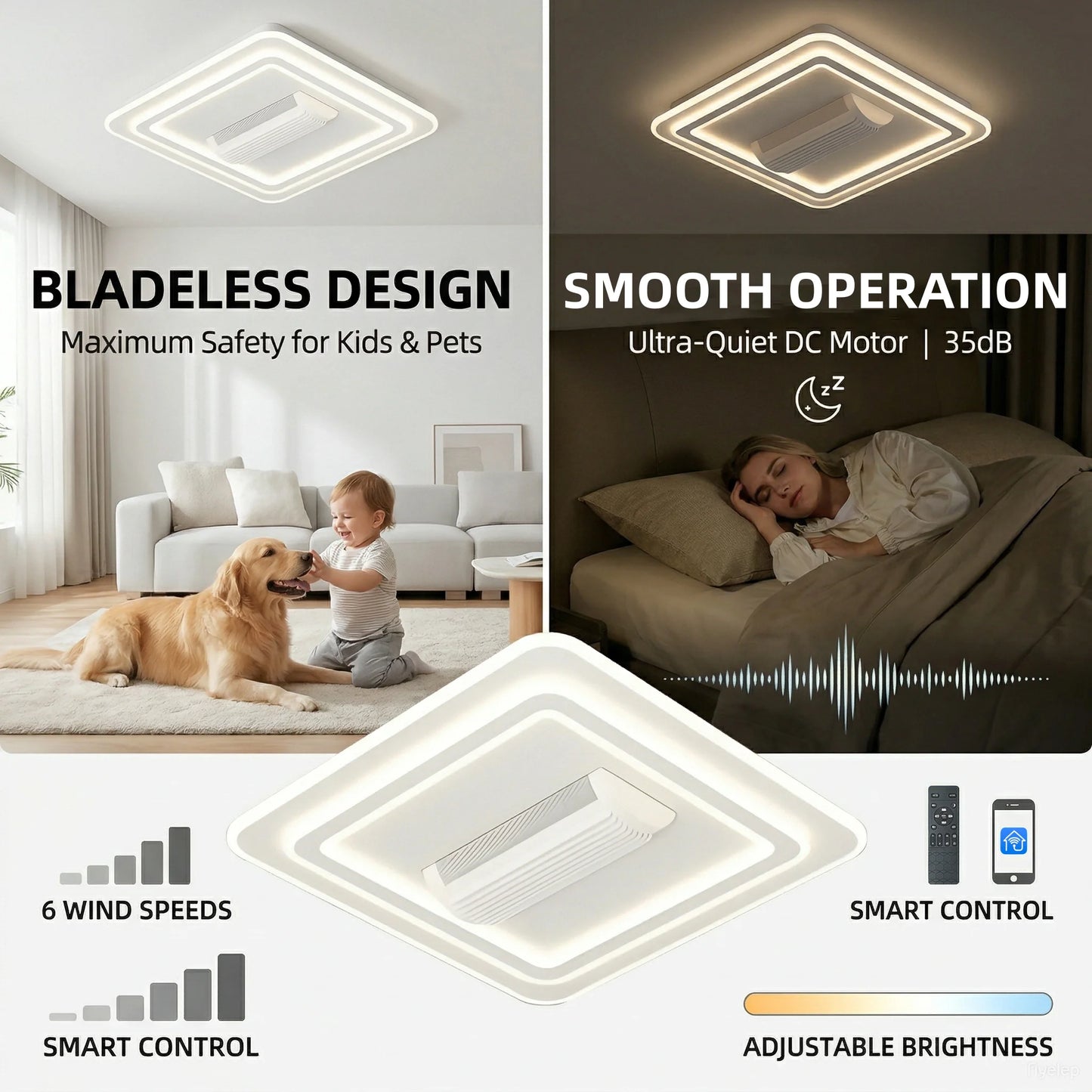 Modern Bladeless Ceiling Fan Light 6 Speed Dimmable LED Invisible Fan Lamp Living Room Bedroom Kids Room Chandelier Home Decor