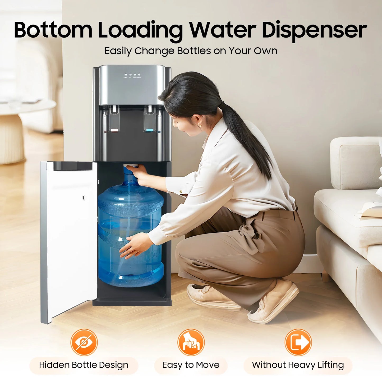 F880 Dark Gray Bottom Loading Water Dispenser Hot Cold Heating Cooling Water Cooler 304 Stainless Steel Liner 110V US Plug Floor Standing Drinking Water Machine Fit 20L 5.28Gallon Water Barrel