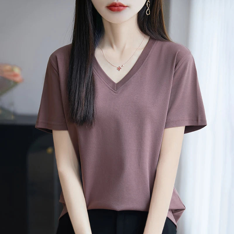 2026 Summer New Pure Cotton V-neck Short-sleeved T-shirt Women's Solid Color Joker Pullover Shirt with Loose Sleeve Bottom Shirt