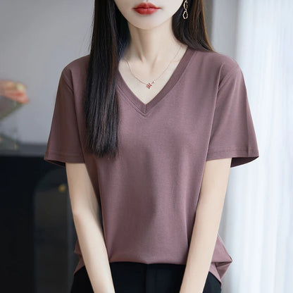 2026 Summer New Pure Cotton V-neck Short-sleeved T-shirt Women's Solid Color Joker Pullover Shirt with Loose Sleeve Bottom Shirt