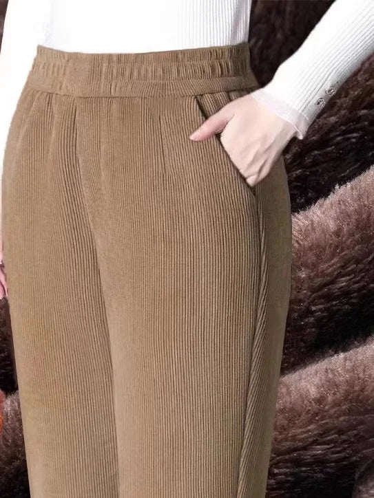 Women's Autumn Winter Thickened Corduroy Straight Leg Pants High Waist Elastic Closure Warm Casual Trousers Fashionable